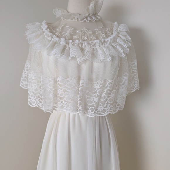 70s Wedding Gown Floor Length Train Edwardian Capelet Lace Collar Bishop Sleeves - Picture 3 of 15